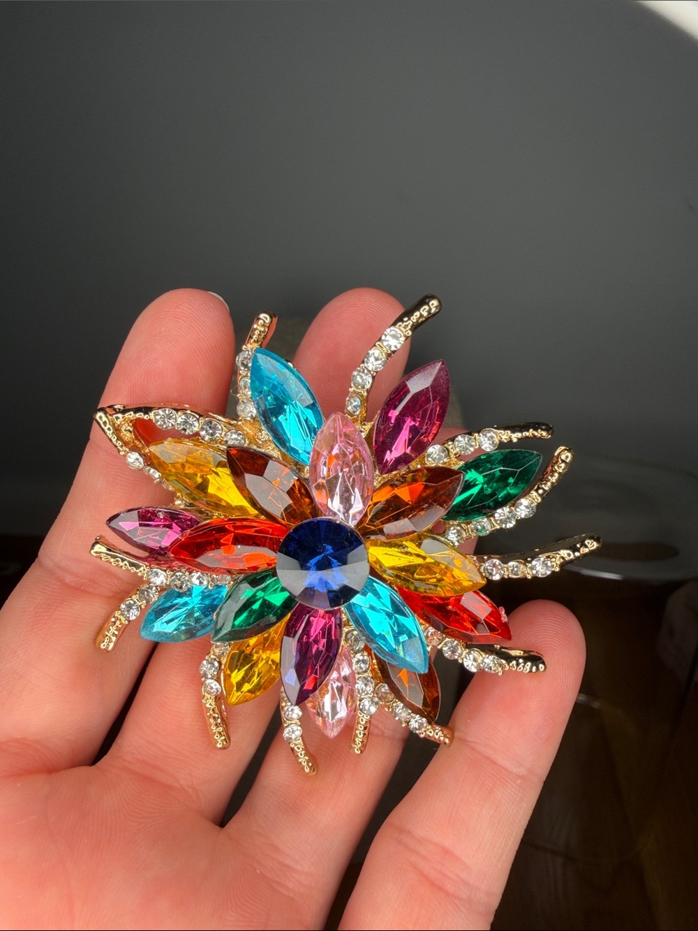 Multicolor Crystal Flower Brooch Pin - Gold Tone